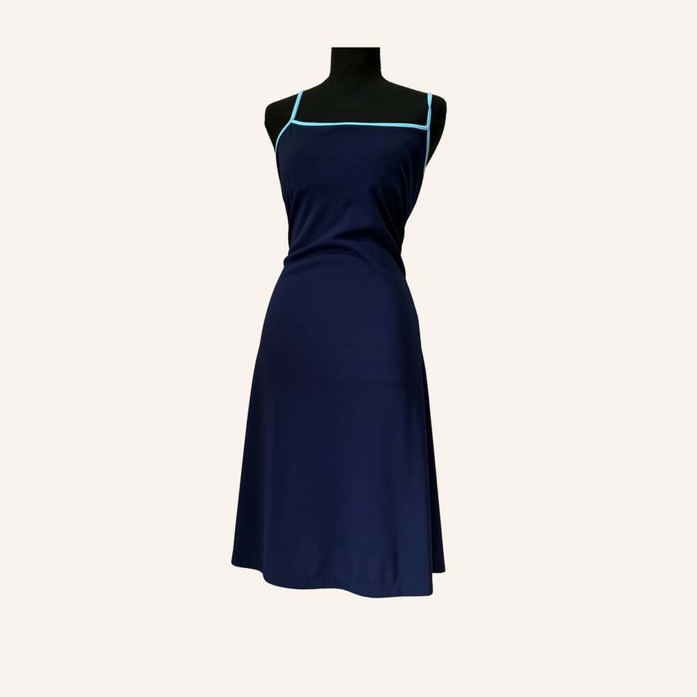 navy y2k style minimalist slip dress contrast trim
